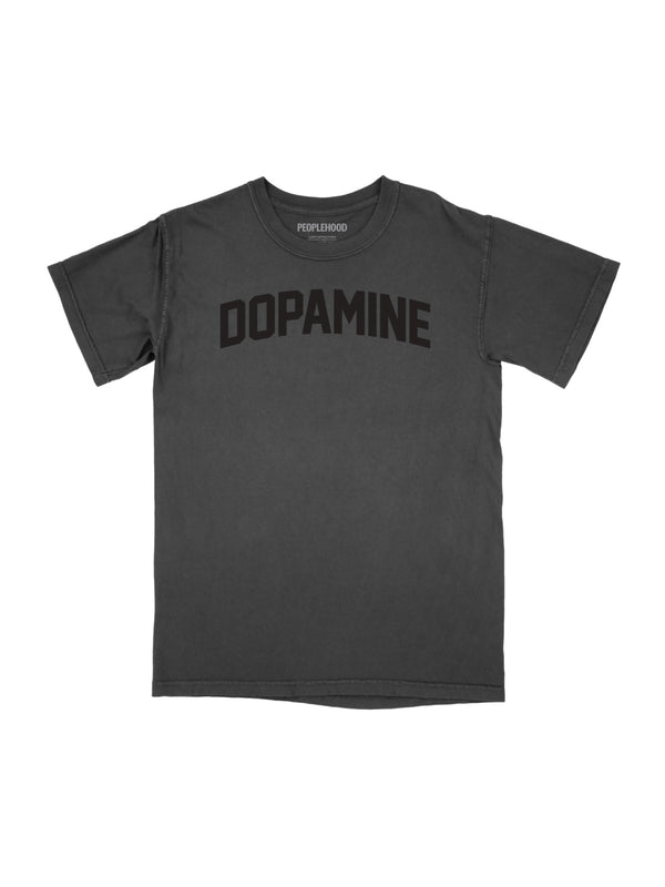 Vintage black (dark grey) short sleeve t-shirt with "Dopamine" written across the chest in black